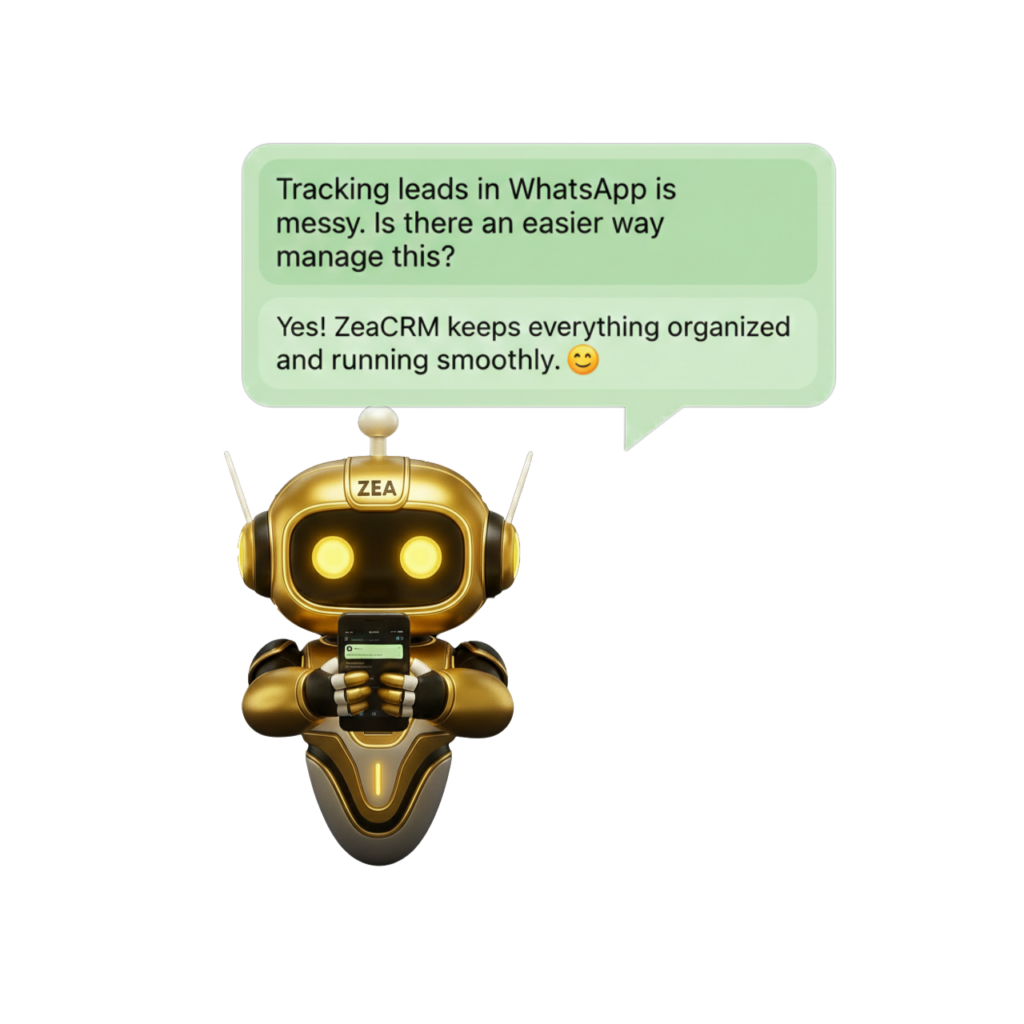 Robot named "ZEA" looking down and holding a smartphone with both hands