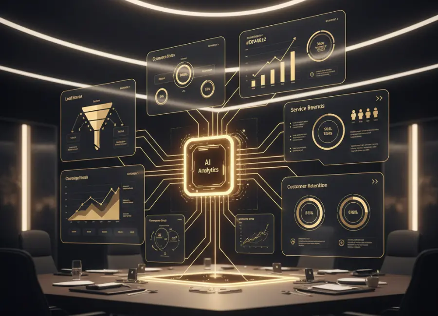 A modern automotive service bay where a luxury car is being inspected, highlighted by a central glowing processor icon