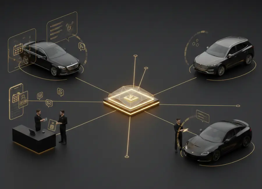 An expansive car dealership at night, shown with glowing gold circuit paths and a central brain icon