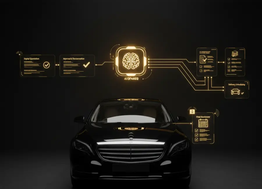 A front-facing luxury sedan with a digital workflow overlay showing an AI brain icon connected to steps like "Digital Quotation,"