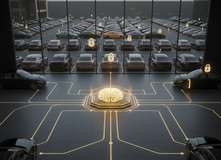 An overhead view of a massive car dealership lot seen through a glass window, with glowing floor circuits leading to a central AI brain hub