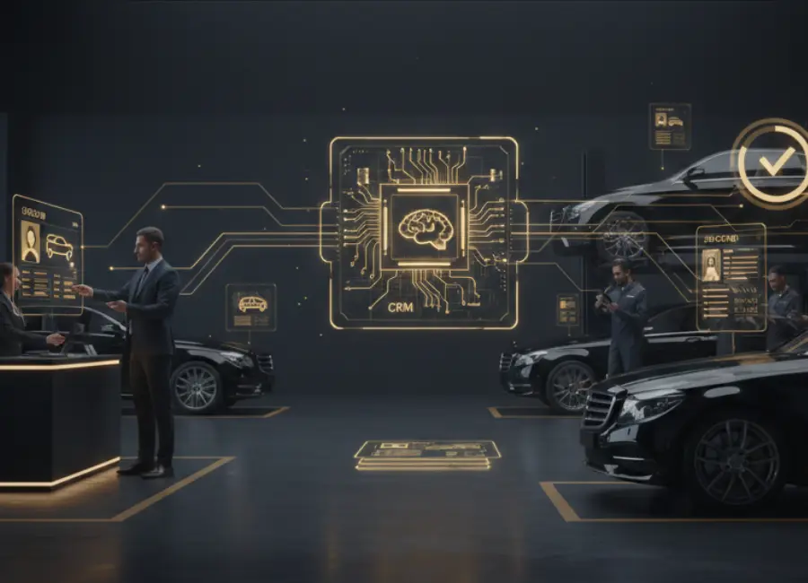 A futuristic service center with mechanics and consultants, featuring a large glowing "CRM" chip with a brain icon