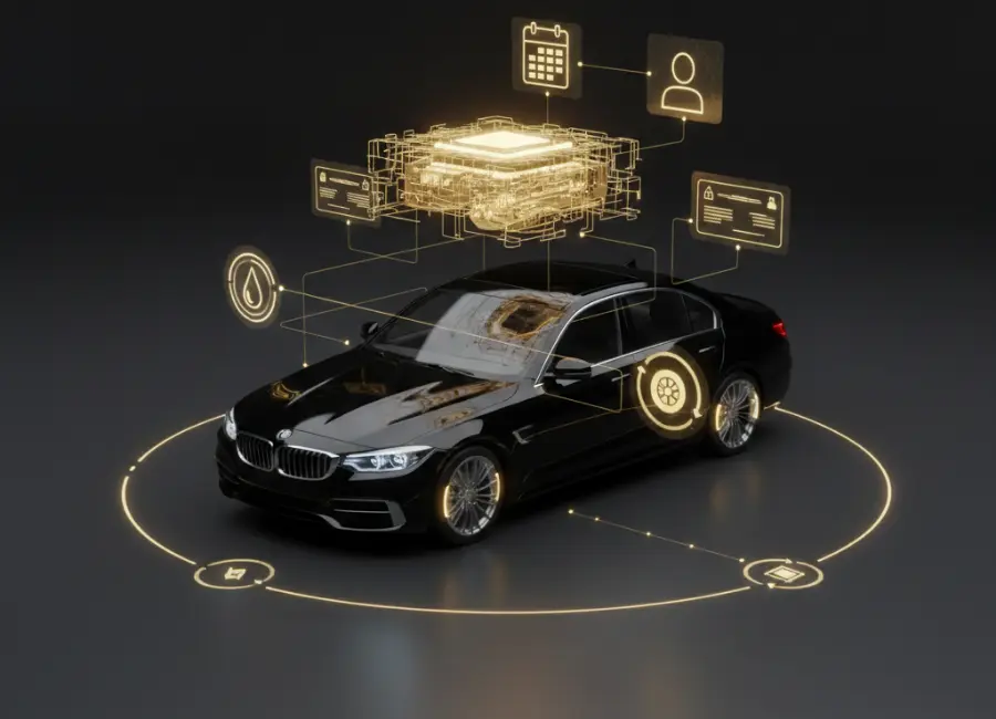 A sleek black sedan in a minimalist studio, featuring a glowing gold digital interface