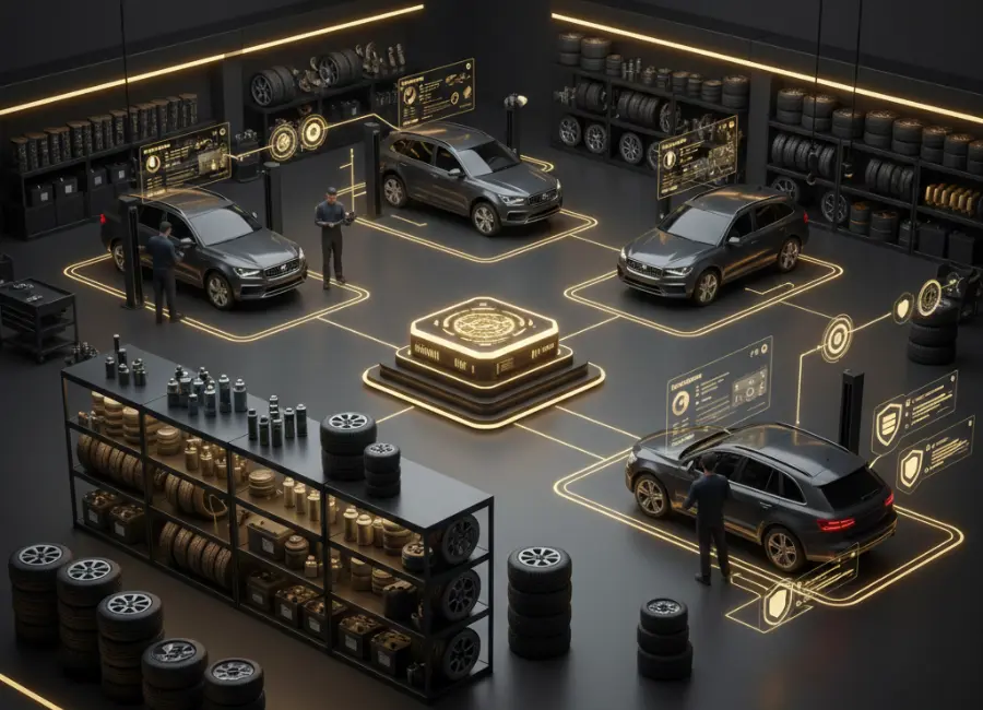 A luxury car in a showroom with floating gold icons and circuit lines