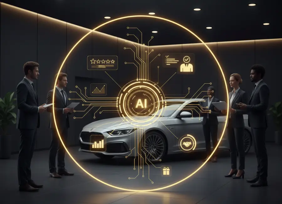 A professional standing in a high-tech car dealership, interacting with a floating digital dashboard