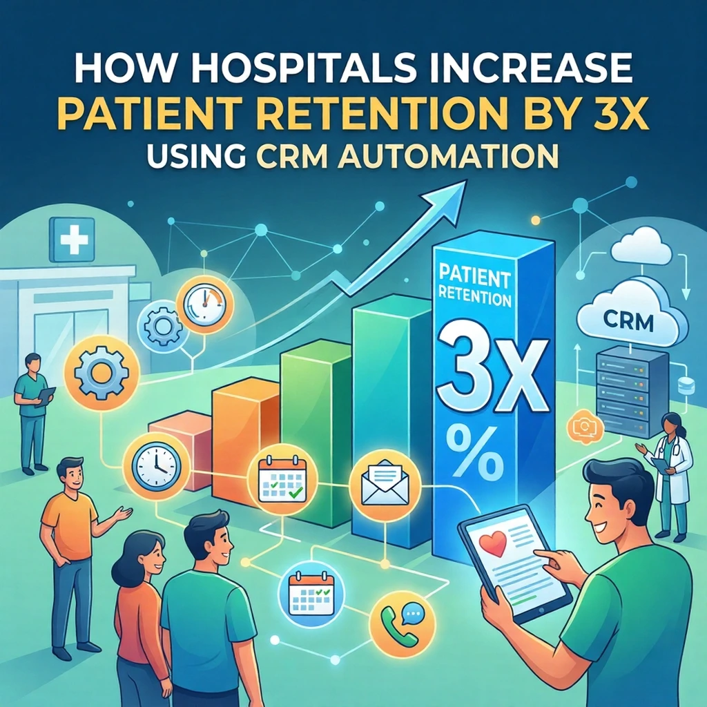 Featuring a rising bar chart, a smiling doctor, and a cloud-based CRM system.