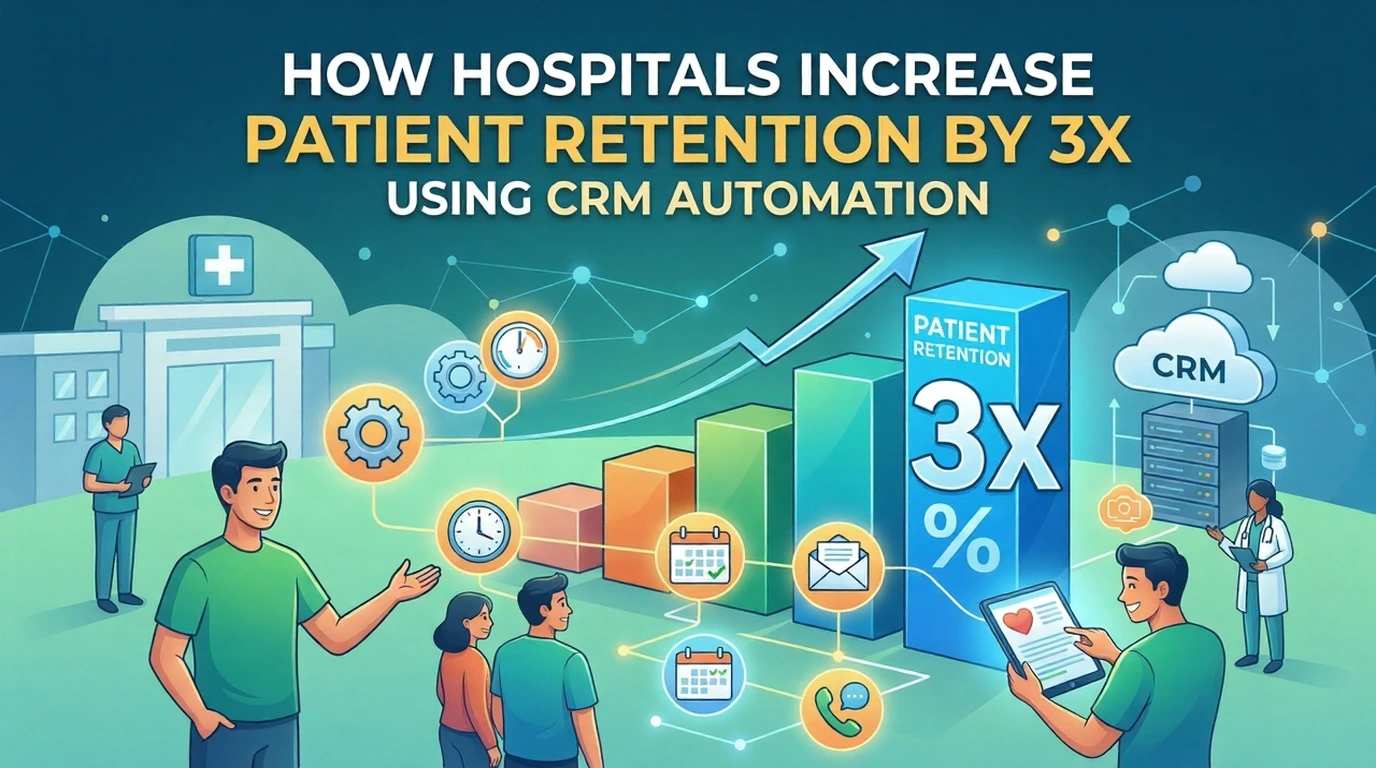 Featuring a rising bar chart, a smiling doctor, and a cloud-based CRM system.