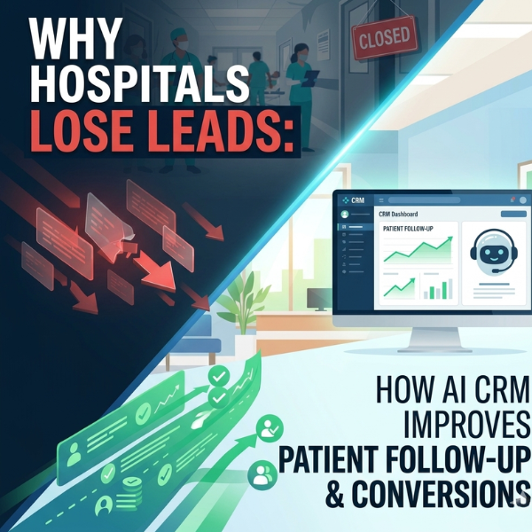 A split illustration contrasting a chaotic hospital hallway labeled "LEADS LOST"