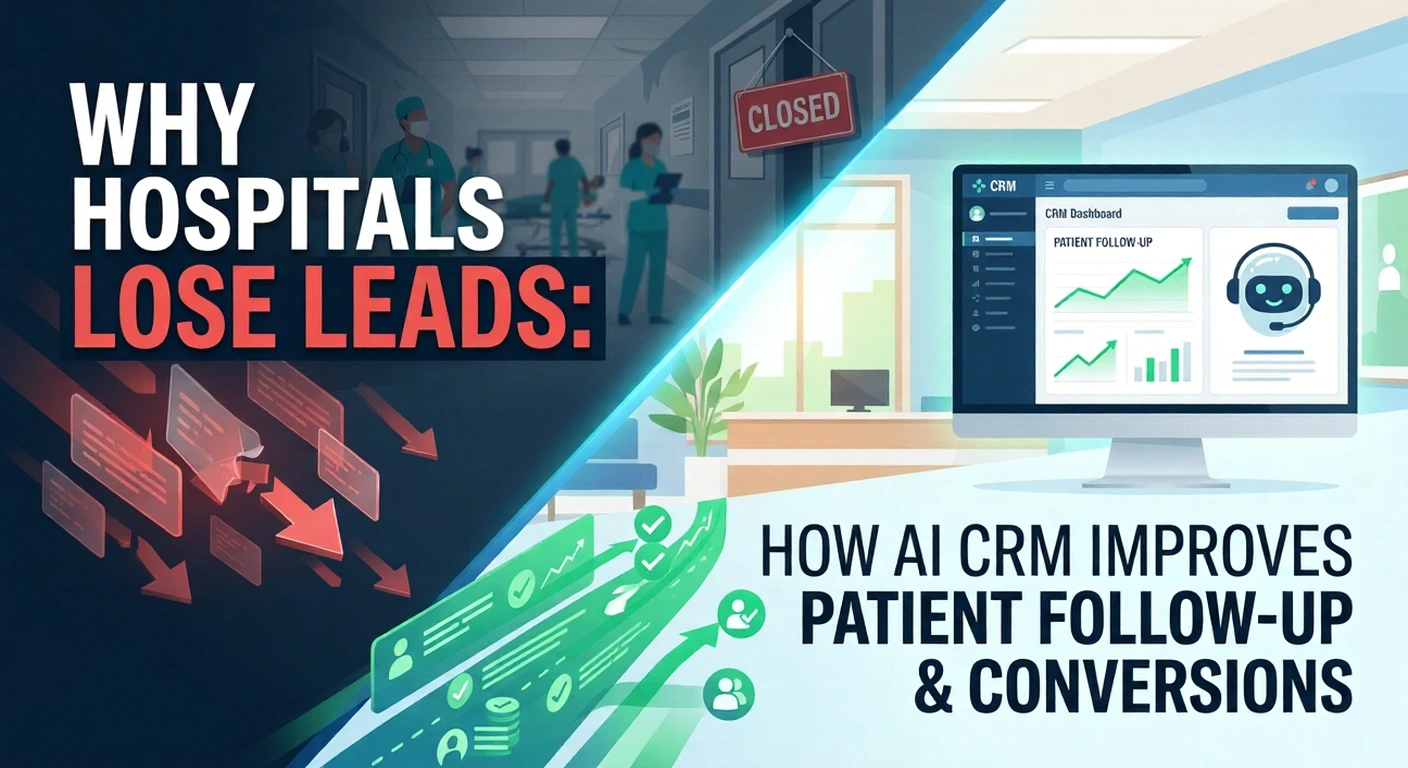 A split illustration contrasting a chaotic hospital hallway labeled "LEADS LOST"