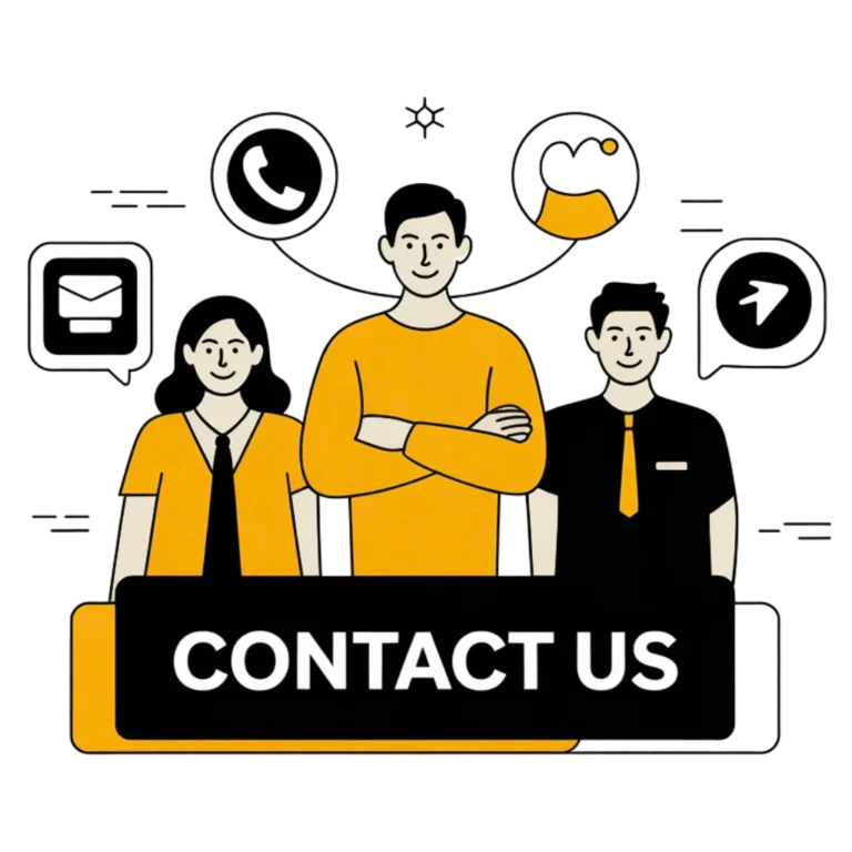 Team illustration with contact icons and “Contact Us” banner