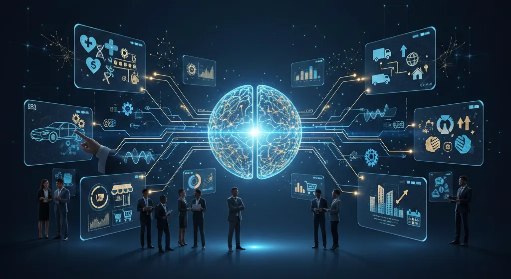 A glowing digital brain connected by circuit lines to various industry icons