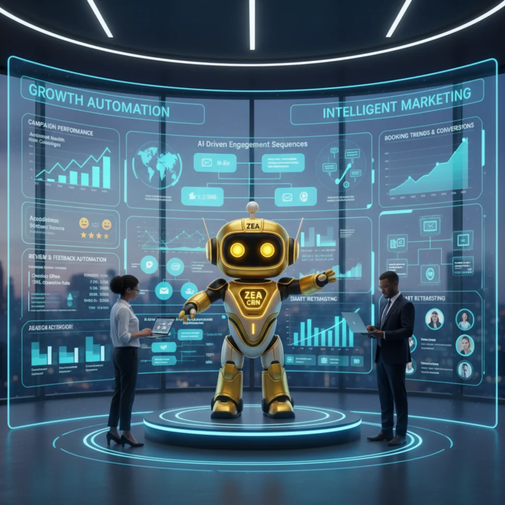 A gold and black robot center-stage in a high-tech lab, surrounded by glowing teal holographic data dashboards