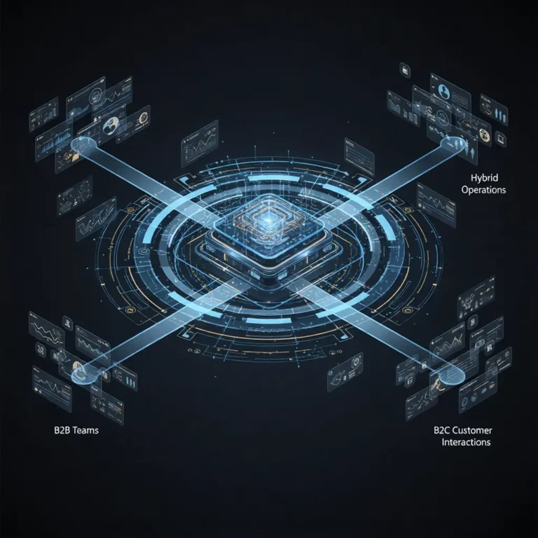 A high-tech digital hub with a central glowing processor connected by light beams