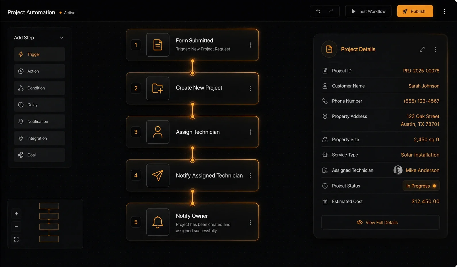 Dark SaaS workflow automation dashboard showing a project request process