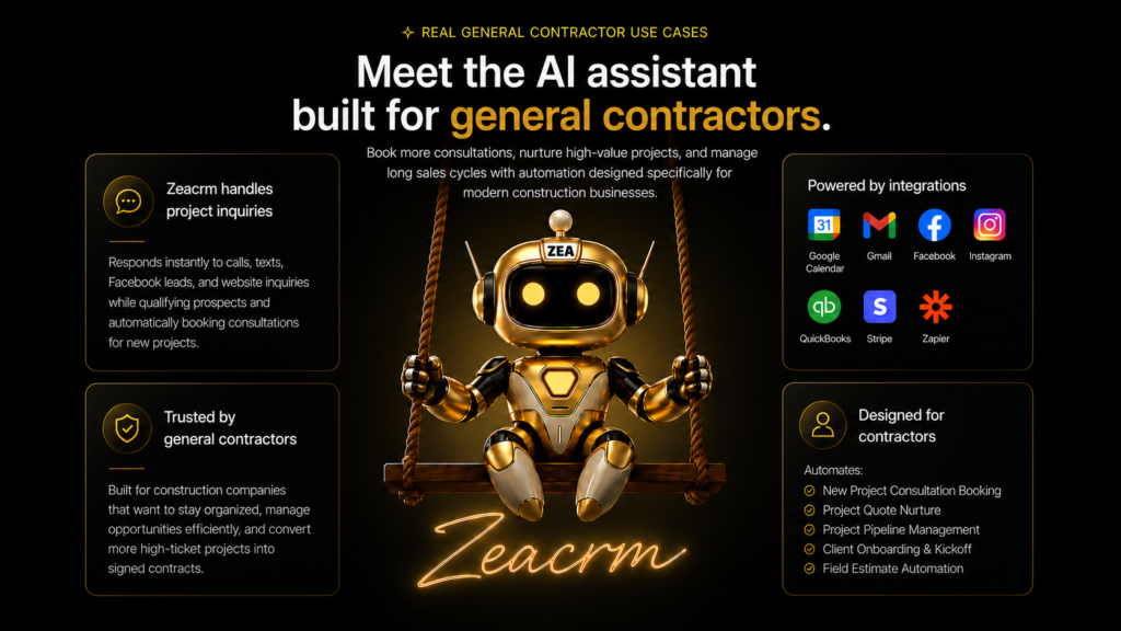 AI assistant for general contractors with a gold robot mascot, project inquiry automation, consultation and booking