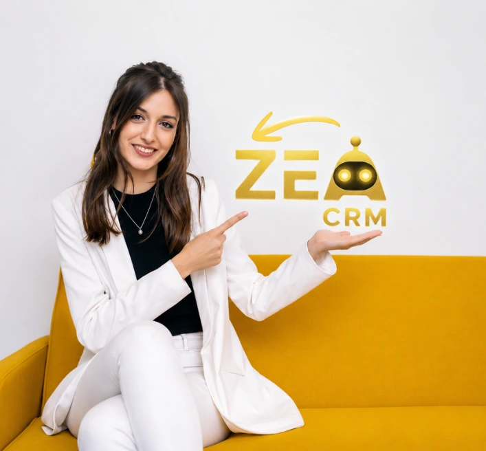 Businesswoman smiling and pointing to the ZEA CRM logo on a yellow sofa