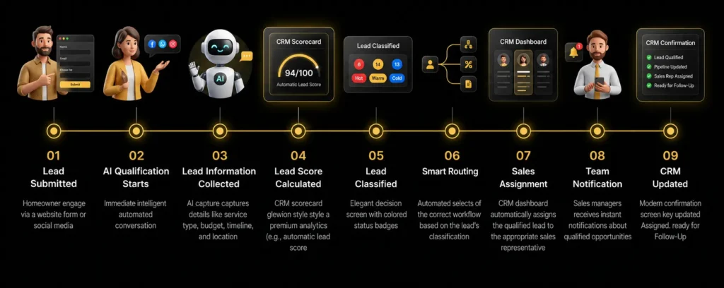 Dark-themed infographic illustrating a nine-step AI-powered lead qualification and smart lead scoring workflow