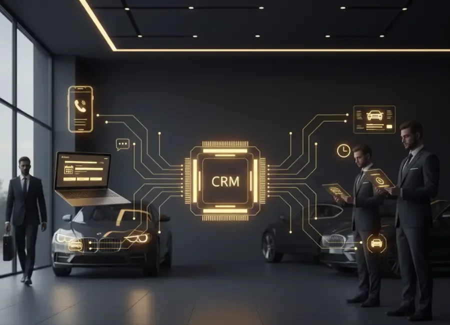 A high-end automotive showroom featuring businessmen and luxury cars, with a glowing central "CRM" processor icon