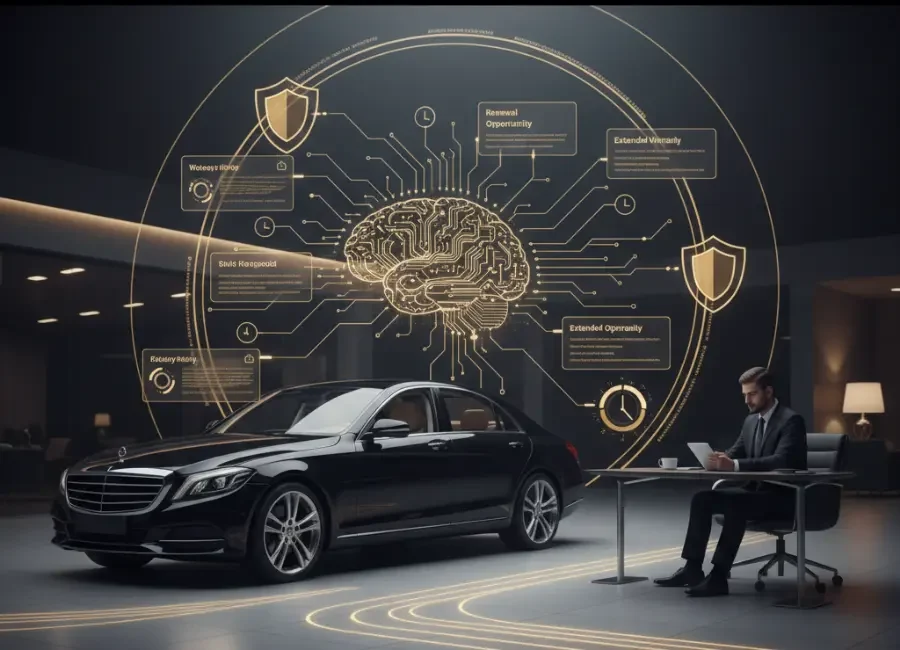 A sleek black luxury car in a modern office setting where a professional works at a desk, backed by a large glowing circular graphic of an AI brain